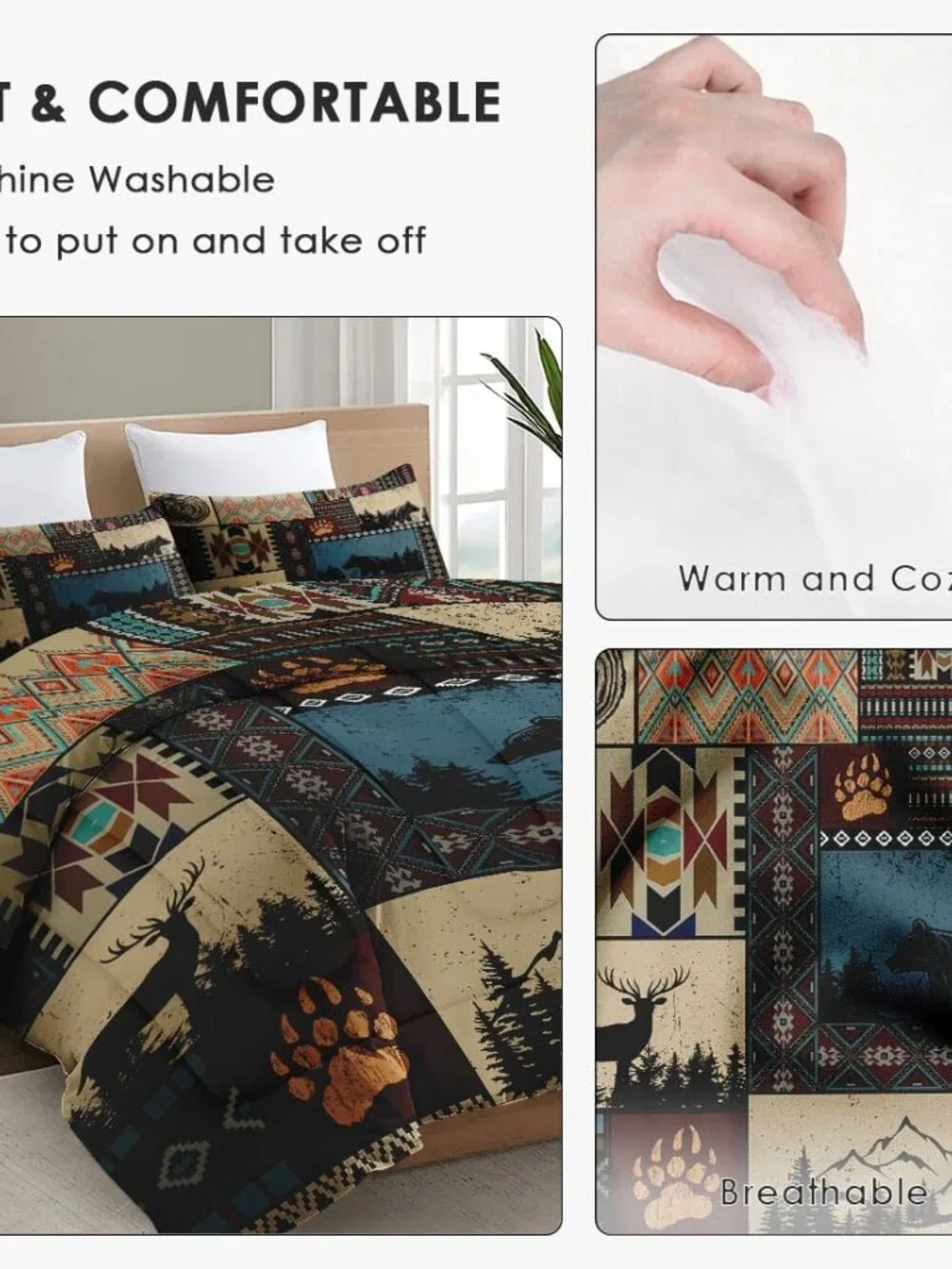 Full Size Comforter Set with 2 Pillowcases, Deer Bear Wildlife 3 Pcs Bedding for
